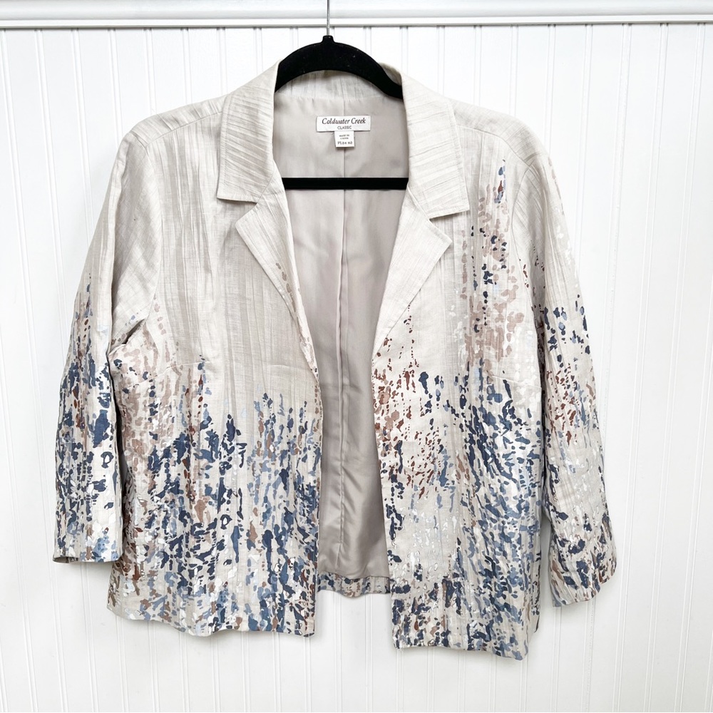 Coldwater Creek Tan & Blue Splatter Print Open Front Linen Jacket Large Petite
